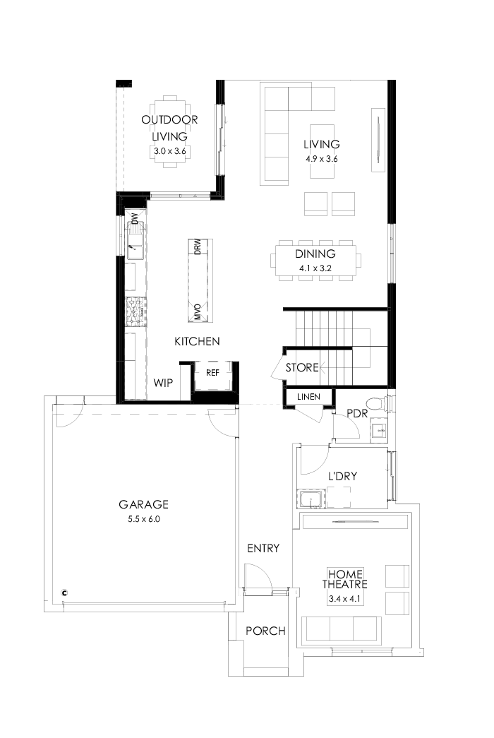 30 Ground Floor Floorplan (Rear flip with alternate kitchen - Flipped)