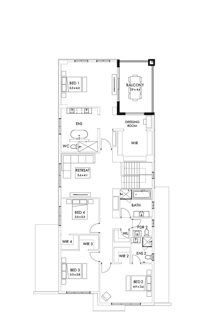 45 First Floor Floorplan (Rear balcony - Flipped)
