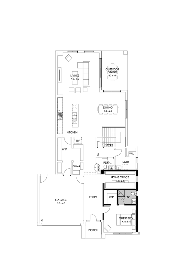 45 Ground Floor Floorplan (Guest bedroom - Flipped)