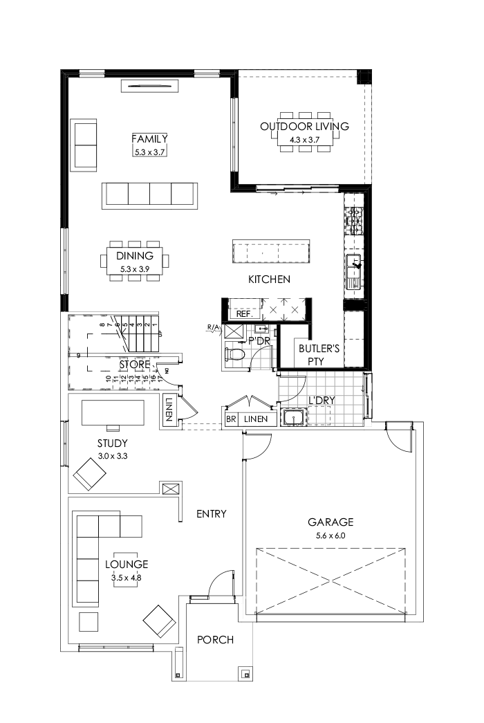 39 Ground Floor Floorplan (Rear flip with butler’s pantry  - Flipped)