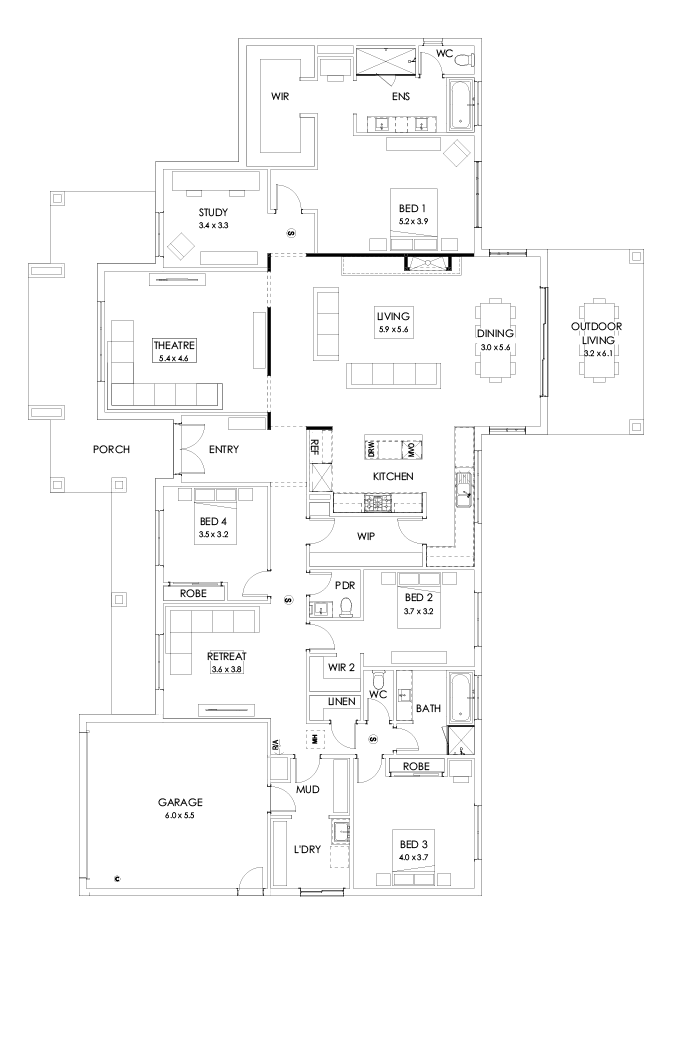 42  Floor Floorplan (Raked ceiling 10.5 deg outdoor living - Flipped)