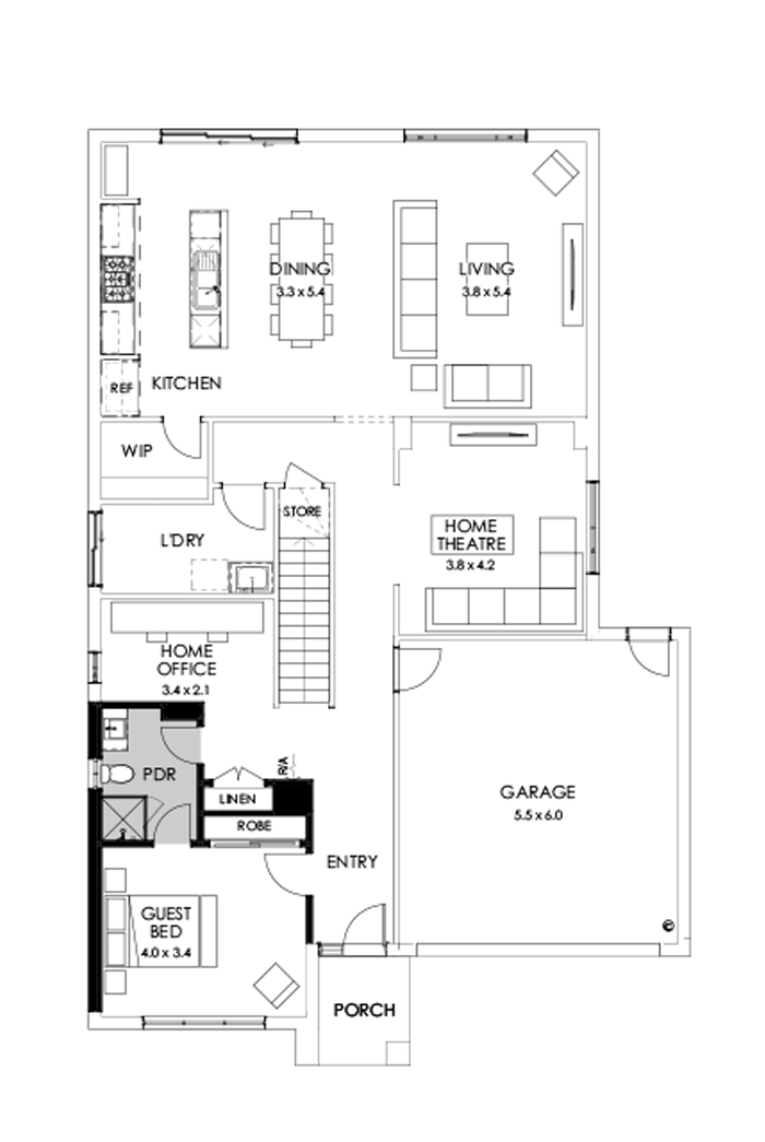 36 Ground Floor Floorplan (Guest bedroom - Flipped)