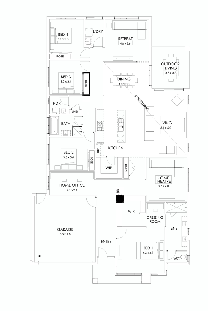 32  Floor Floorplan (Raked ceiling 17 deg to bed 1 (facade specific) - Flipped)