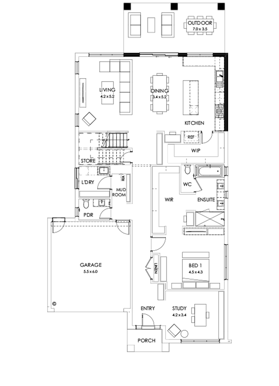 40 Ground Floor Floorplan (Alternate kitchen L shaped - Flipped)
