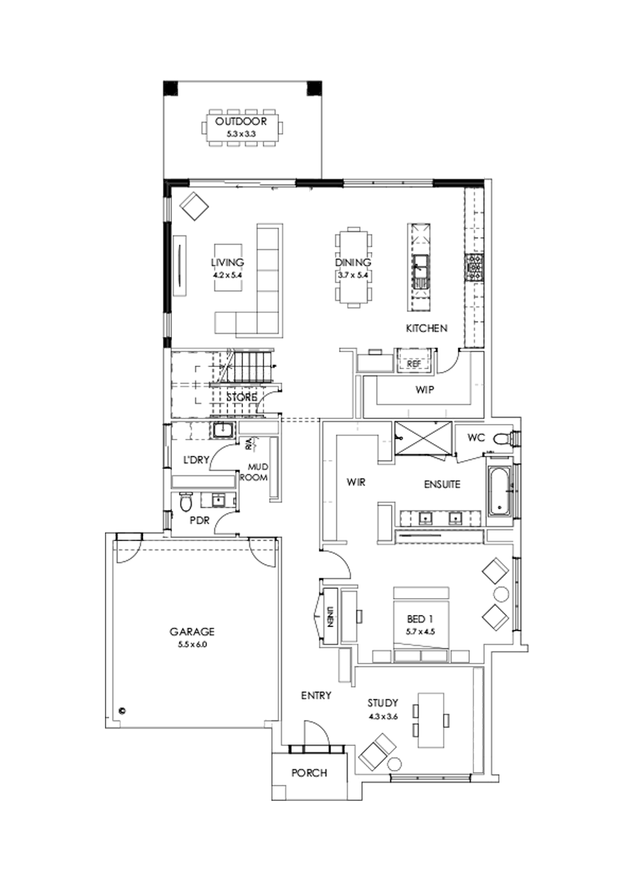 43 Ground Floor Floorplan (Rear balcony - Flipped)