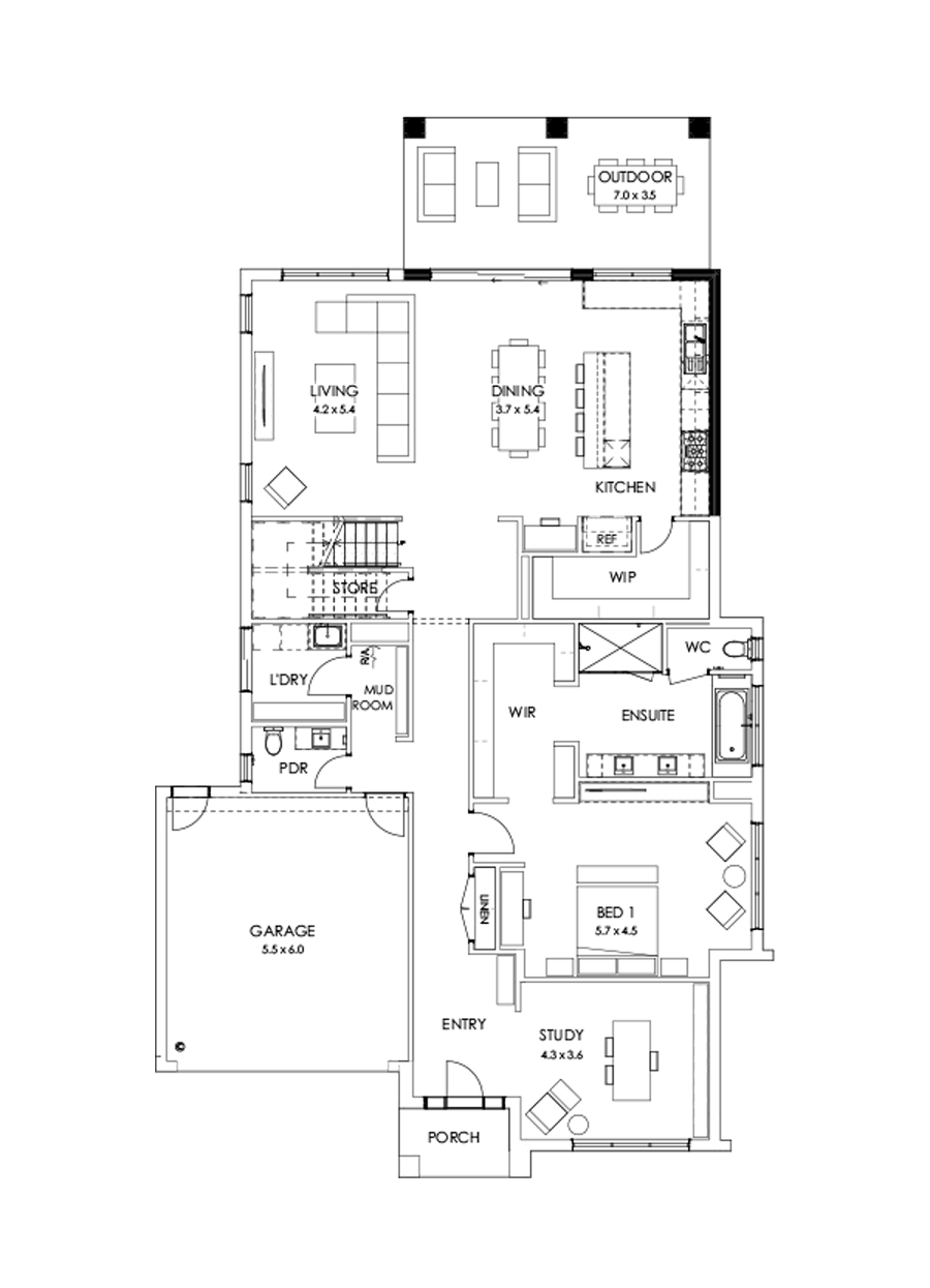 43 Ground Floor Floorplan (Alternate kitchen L-shaped - Flipped)