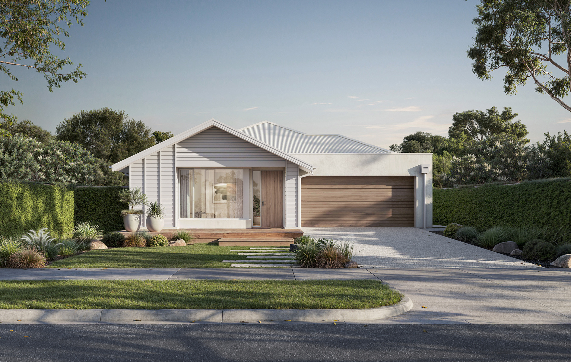 Boutique Homes modern single-storey knockdown rebuild home in Melbourne with light facade, landscaped front yard and double garage.