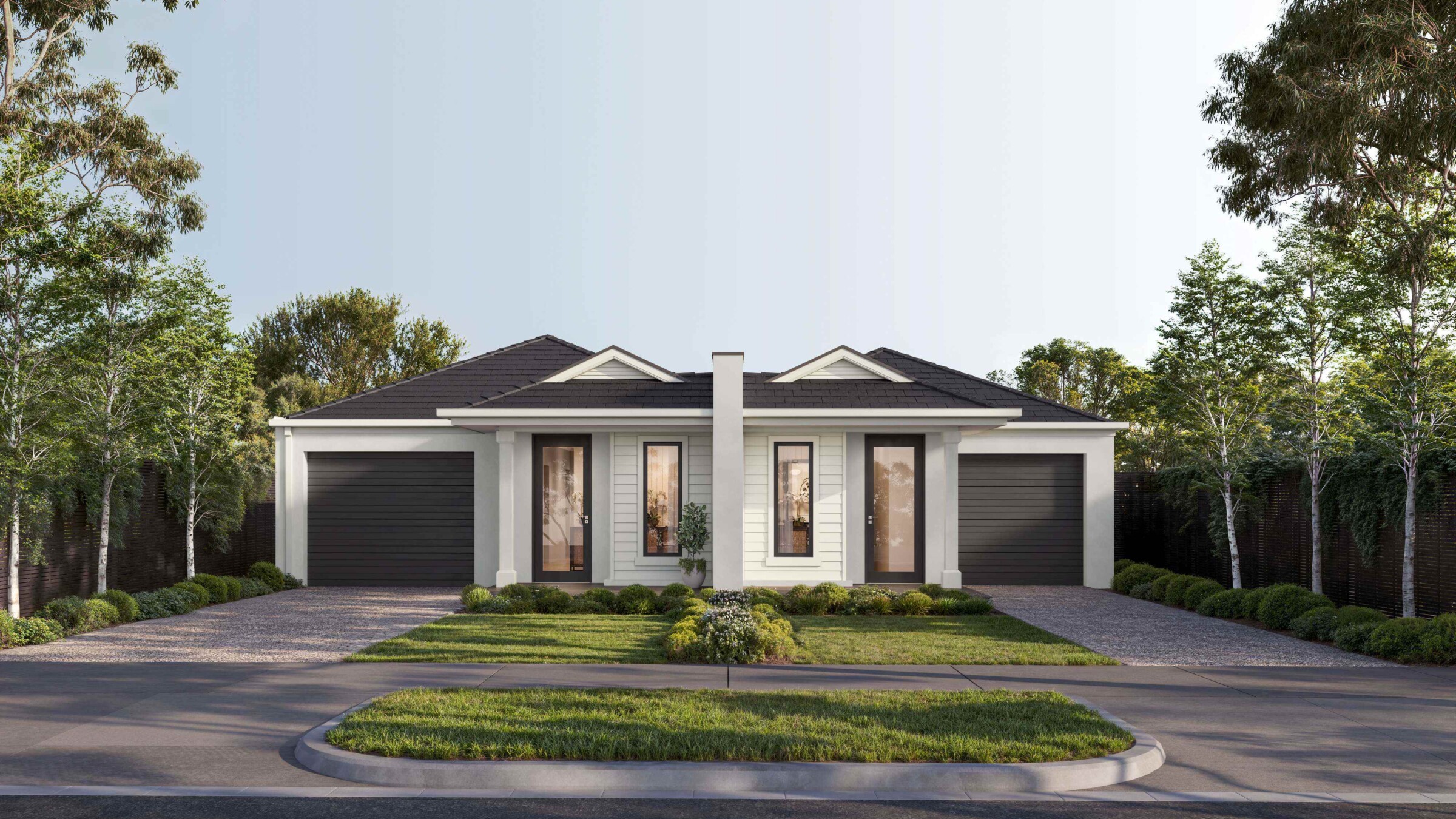 Swanston dual occupancy duplex facade by Boutique Homes featuring symmetrical design, double garages and landscaped frontage in Melbourne