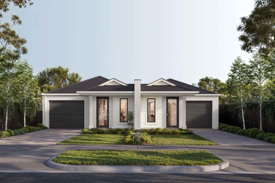 Swanston dual occupancy duplex facade by Boutique Homes featuring symmetrical design, double garages and landscaped frontage in Melbourne