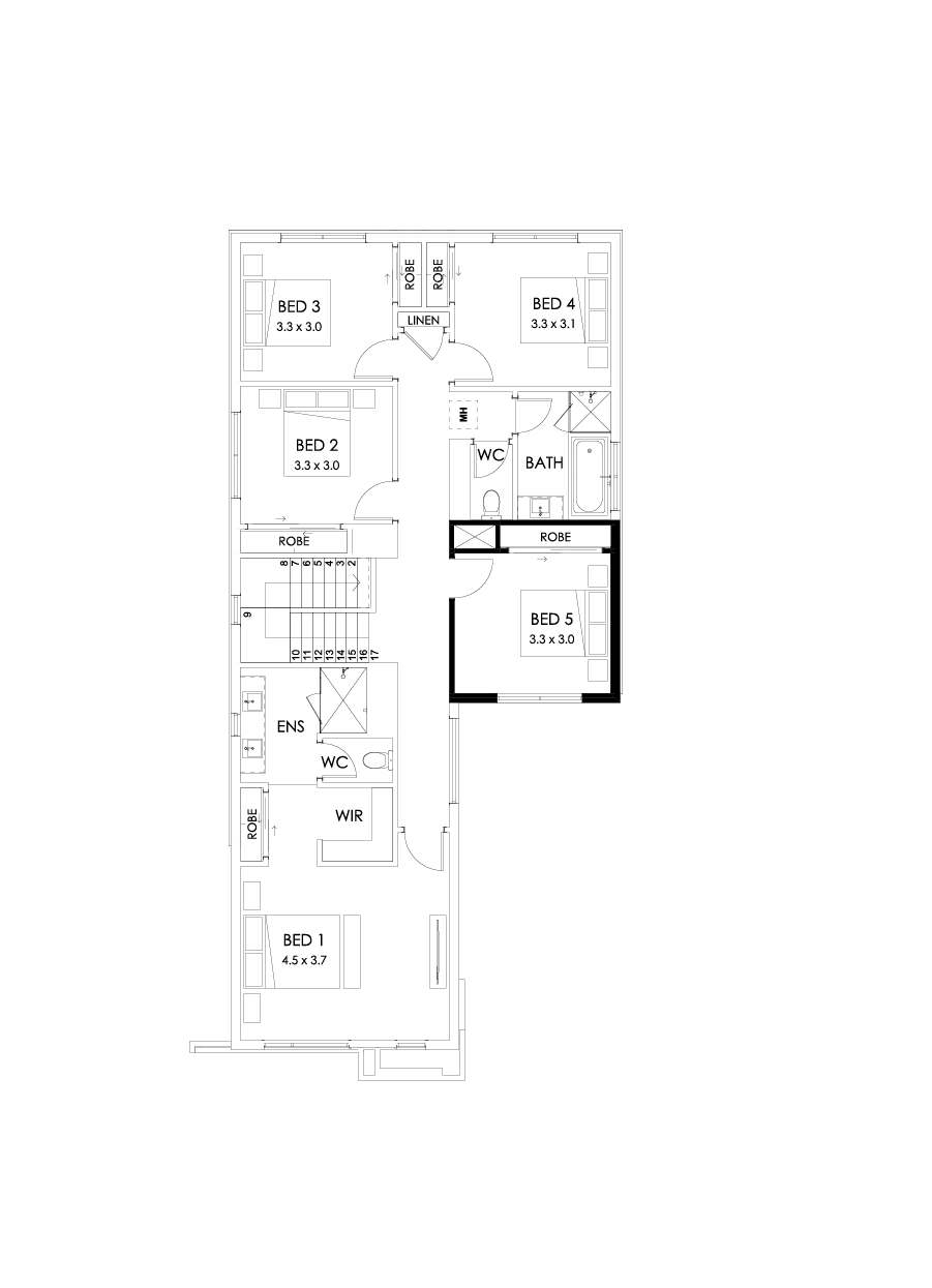 30 First Floor Floorplan (5th bedroom - Flipped)