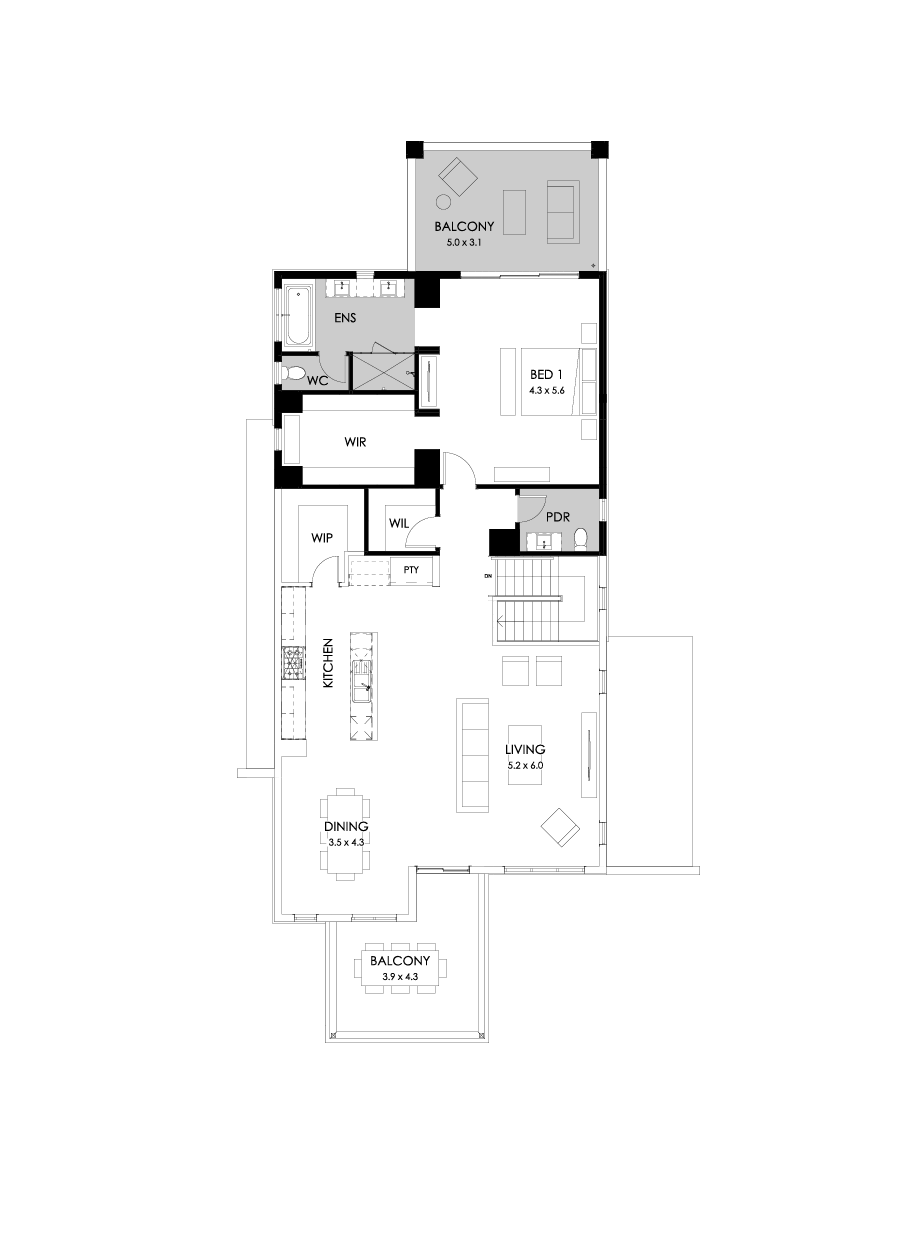 39 First Floor Floorplan (Rear balcony - Flipped)