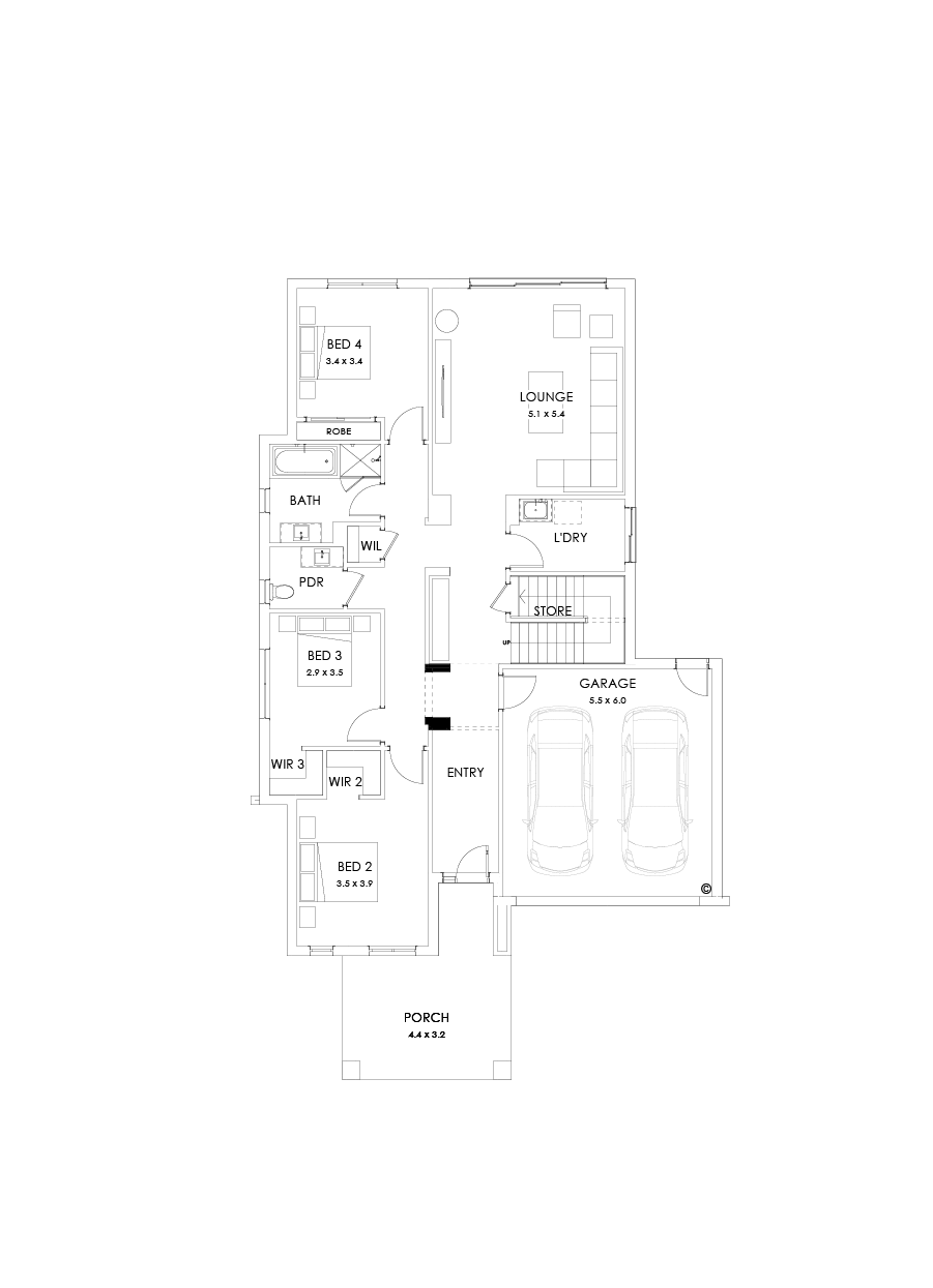 39 Ground Floor Floorplan (Alternate bed 1 - Flipped)