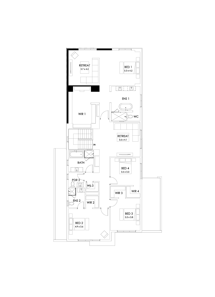 45 First Floor Floorplan (Alternate bed 1 - Flipped)