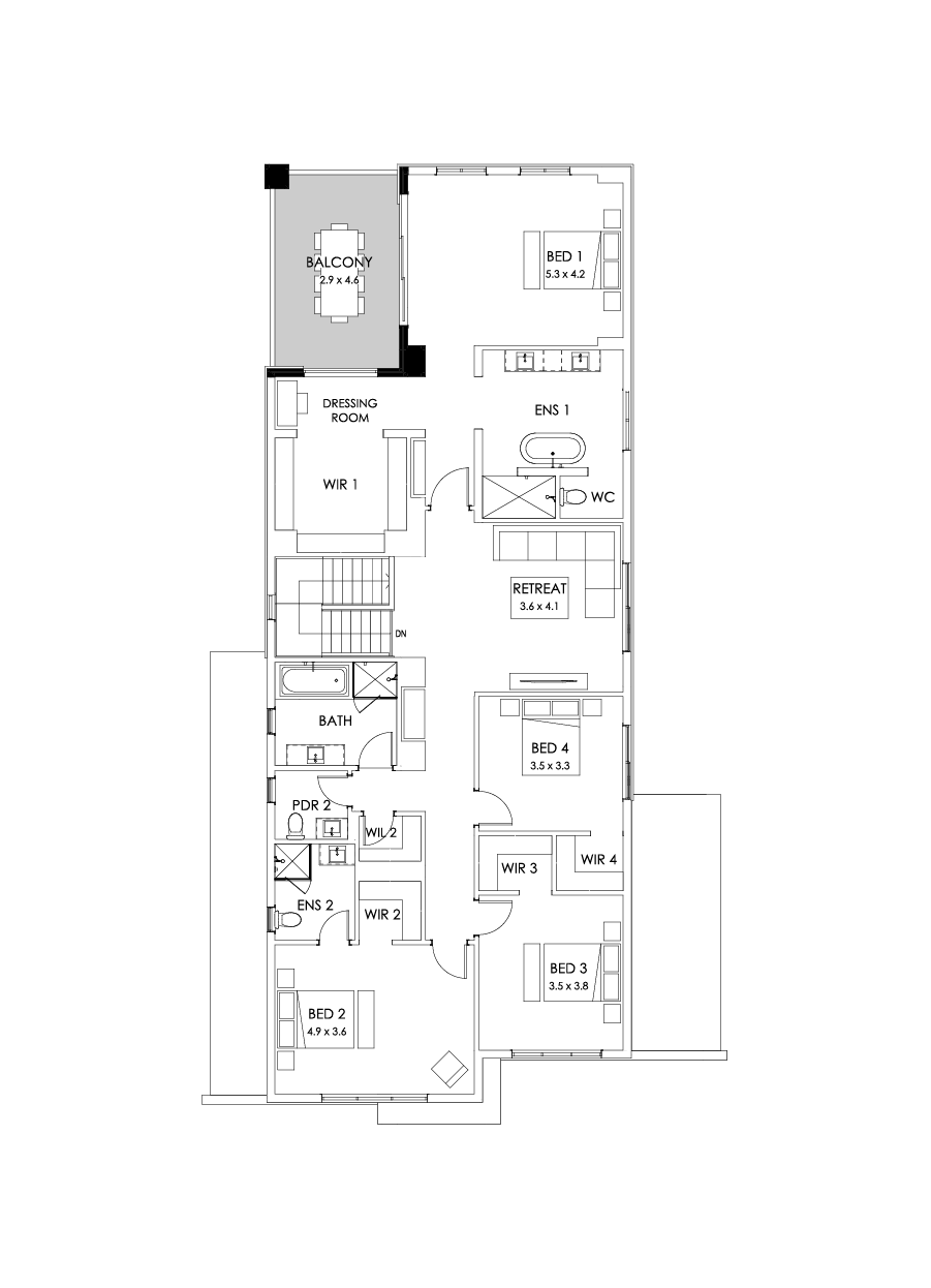 45 First Floor Floorplan (Rear balcony - Flipped)