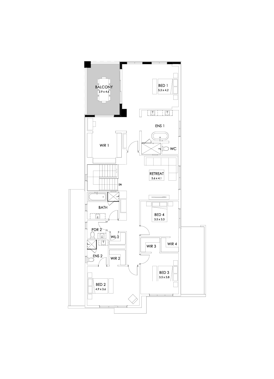 45 First Floor Floorplan (Rear balcony - Flipped)