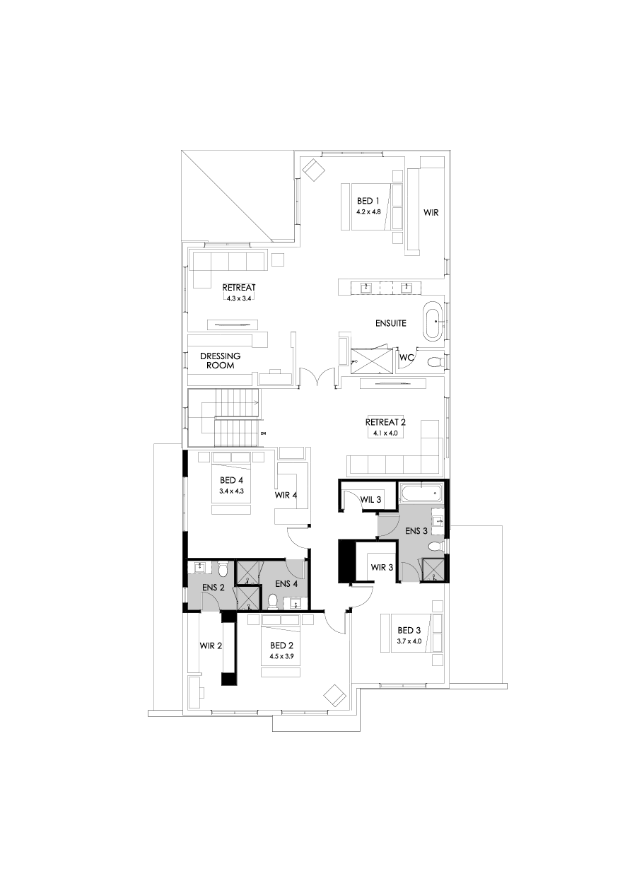 52 First Floor Floorplan (Ensuite to all bedrooms - Flipped)