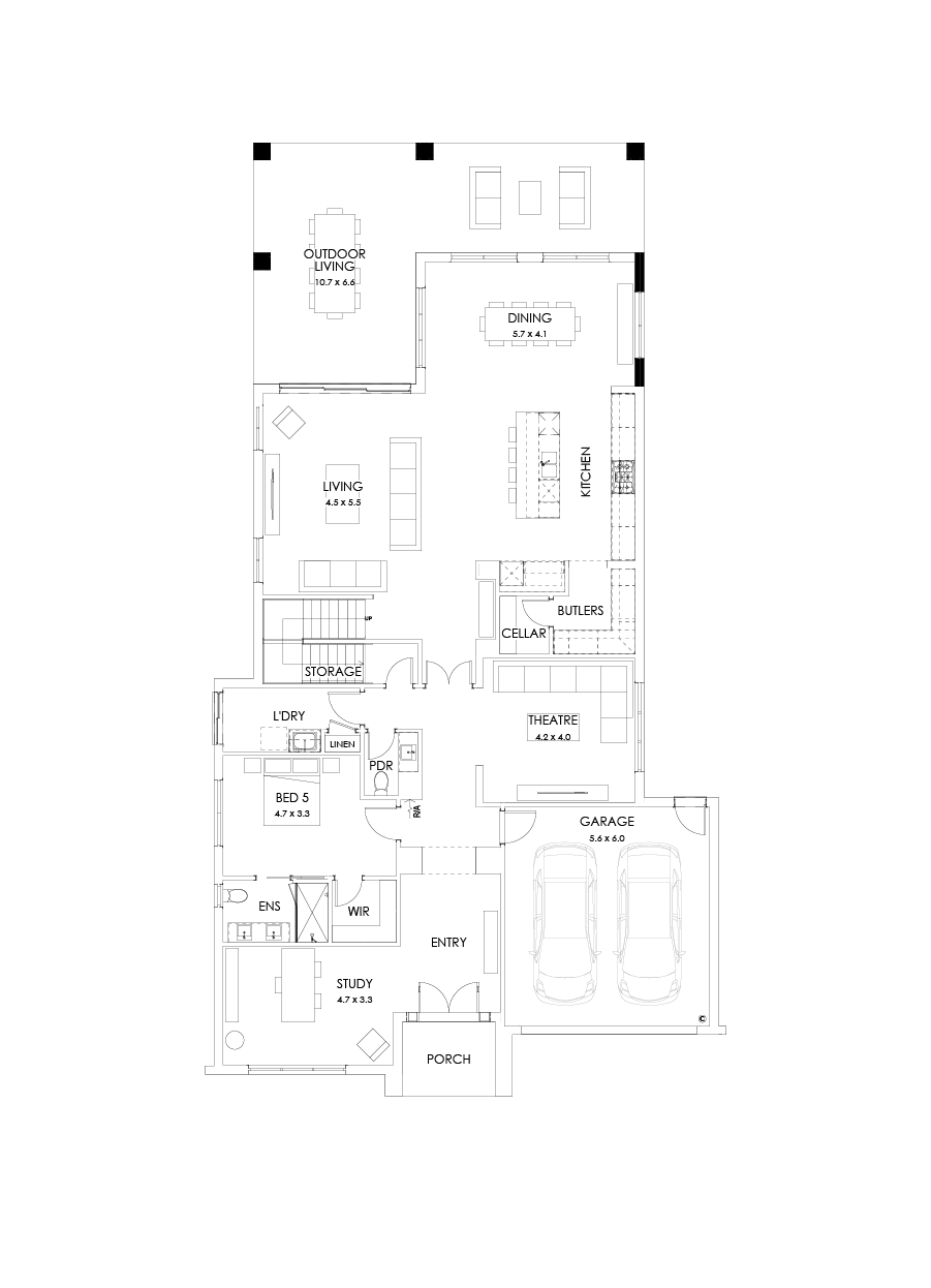 52 Ground Floor Floorplan (Full width outdoor living - Flipped)