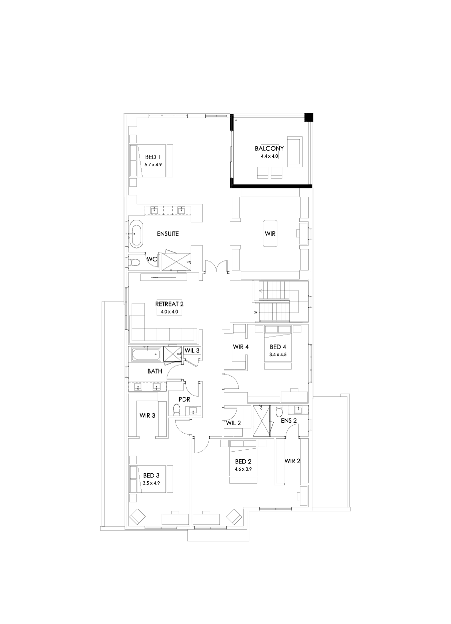 55 First Floor Floorplan (Rear balcony - Flipped)