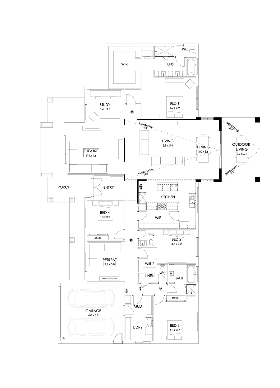 42  Floor Floorplan (Raked ceiling 10.5 deg outdoor living - Flipped)