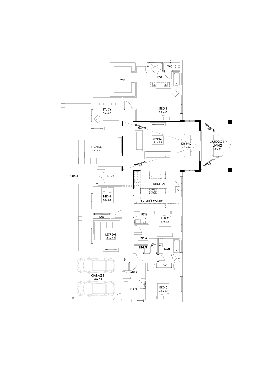 42  Floor Floorplan (Raked ceiling 10.5 deg outdoor living - Flipped)