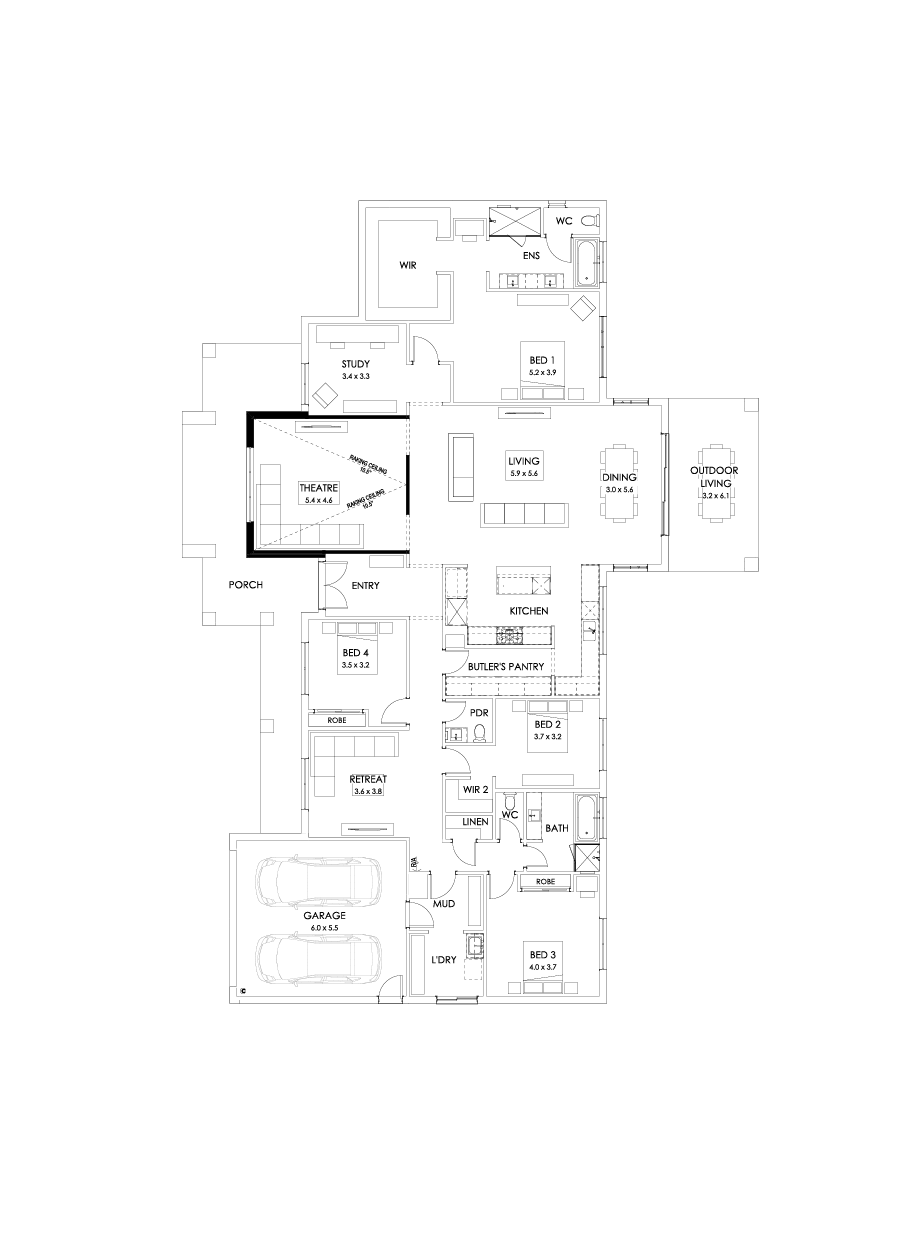 42  Floor Floorplan (Raked ceiling 10.5 deg theatre - Flipped)