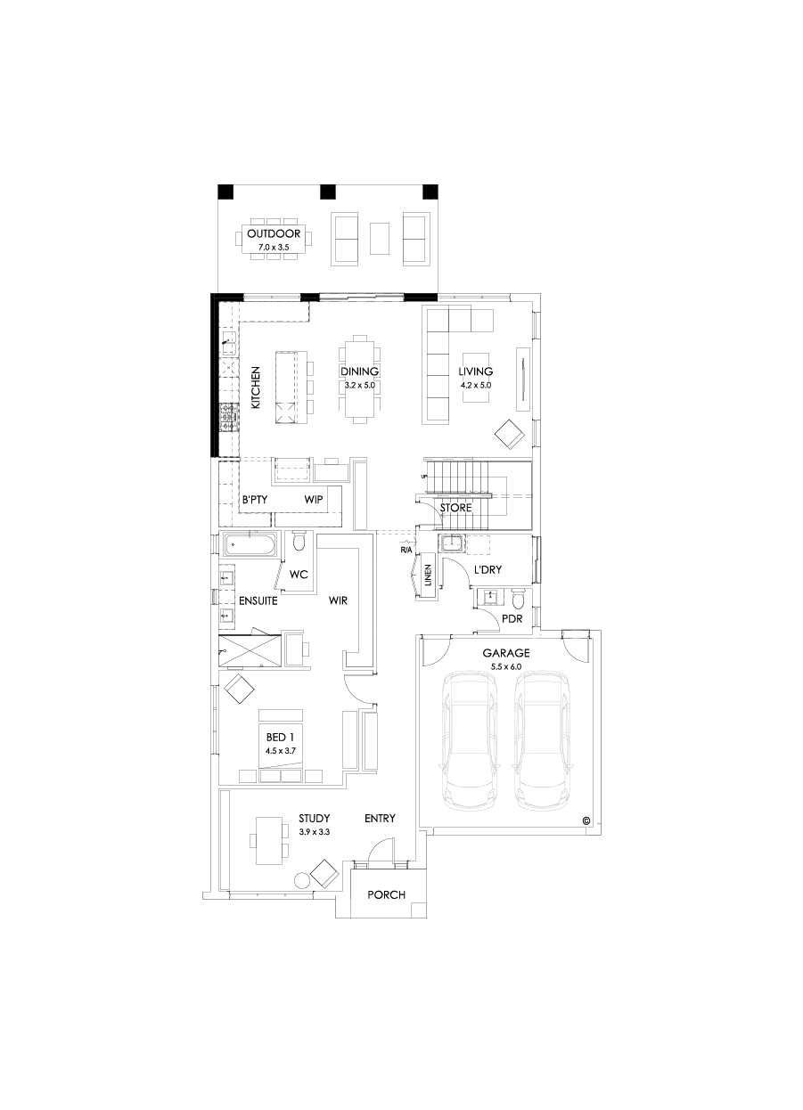 37 Ground Floor Floorplan (Alternate kitchen L shape - Flipped)