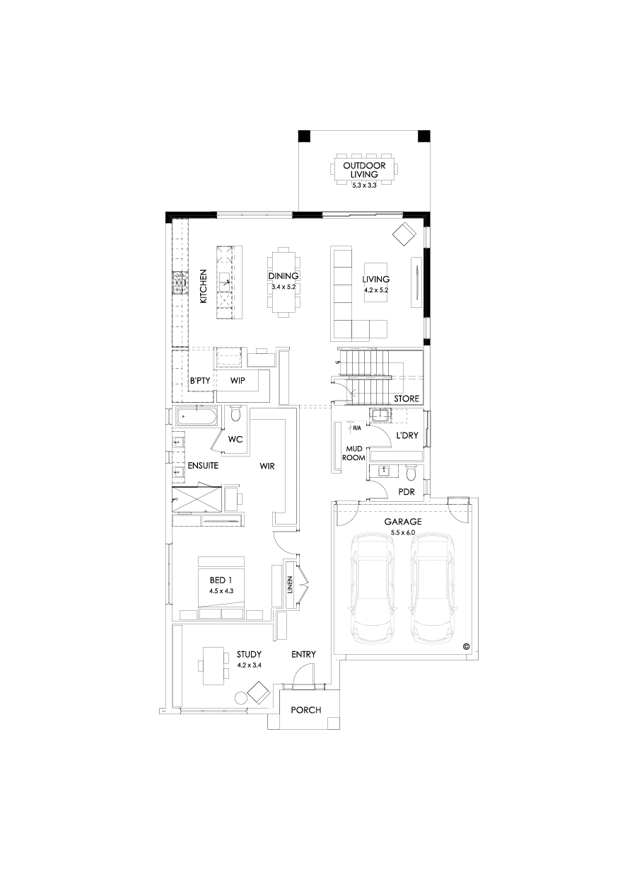 40 Ground Floor Floorplan (Rear balcony  - Flipped)