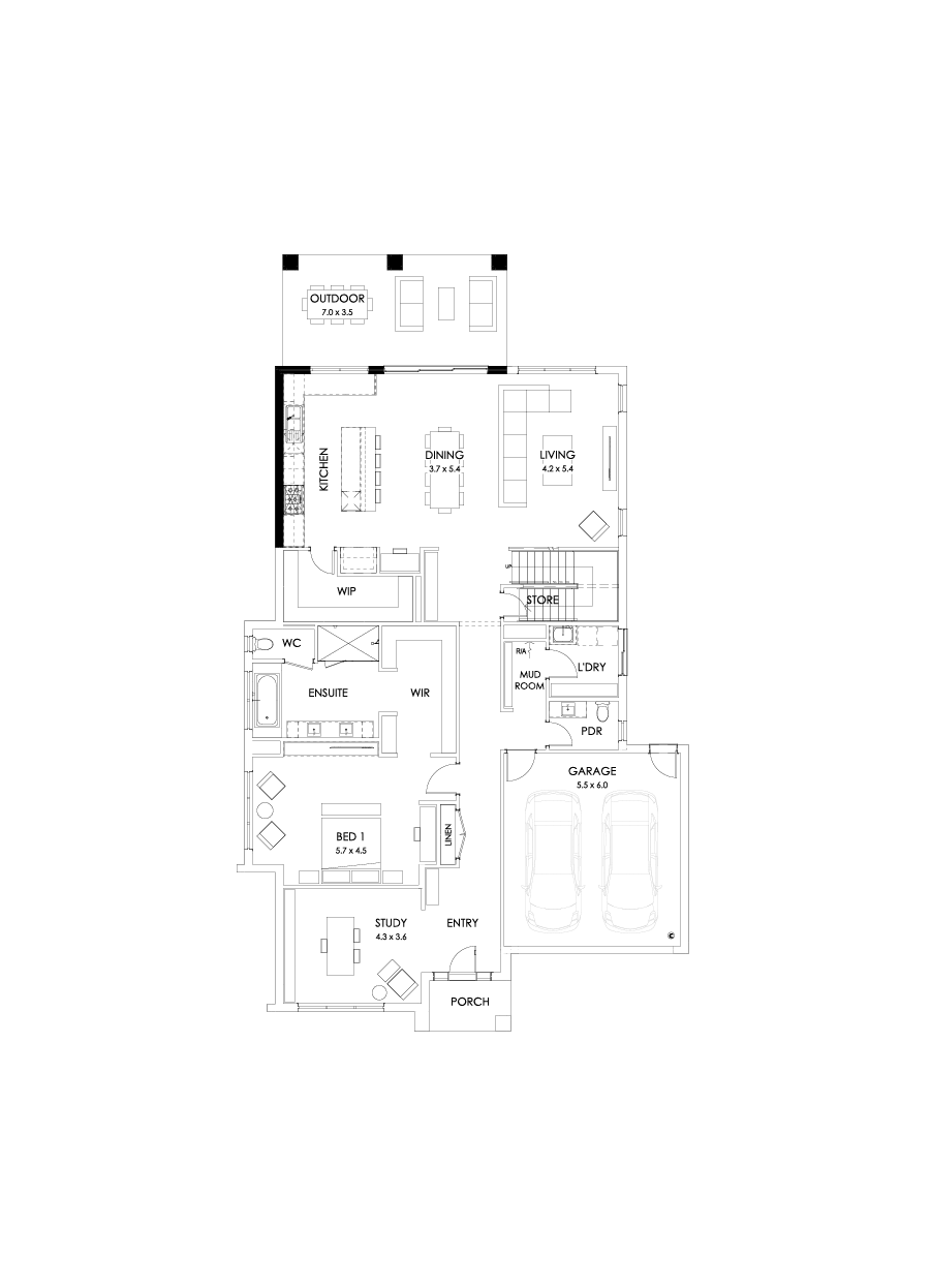 43 Ground Floor Floorplan (Alternate kitchen L-shaped - Flipped)