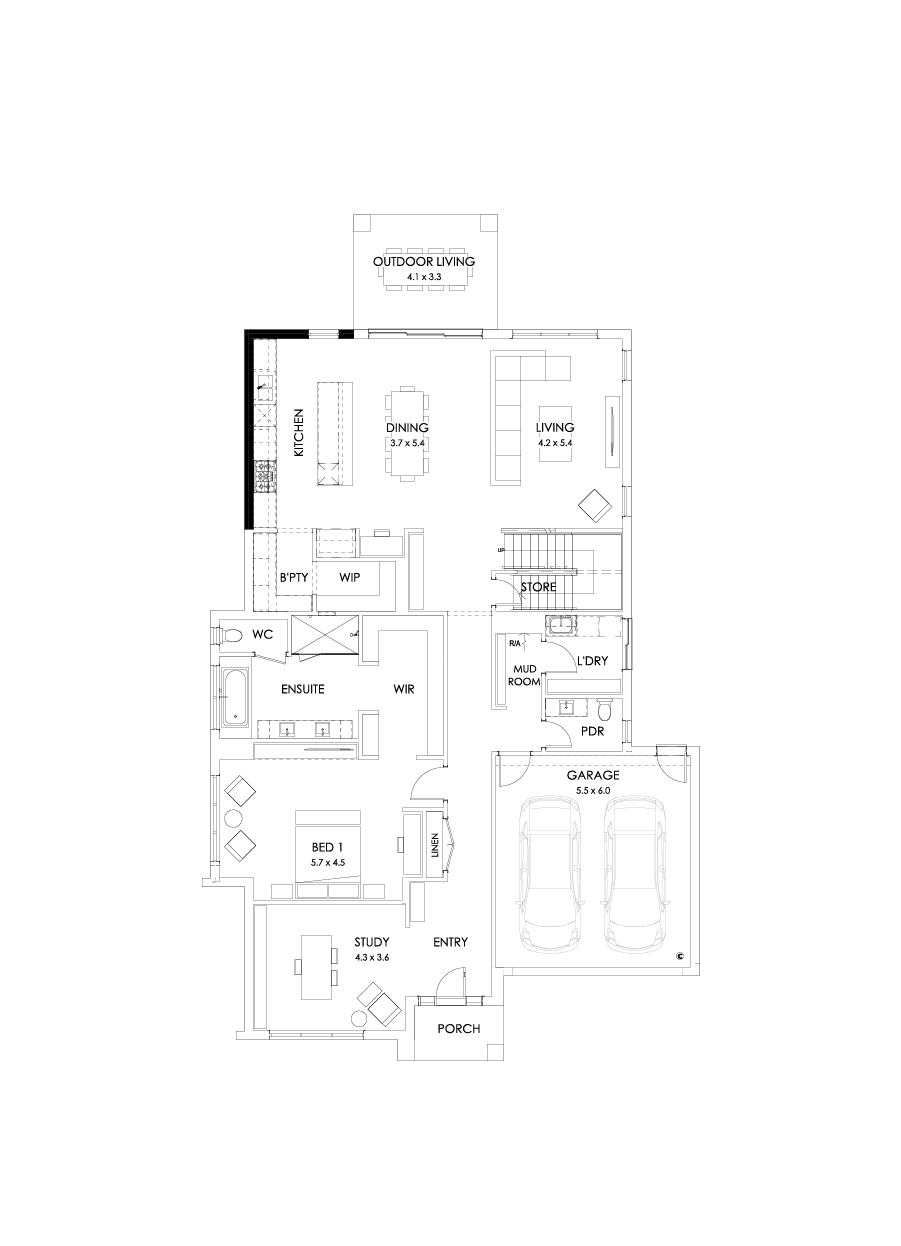 43 Ground Floor Floorplan (Alternate kitchen - Flipped)