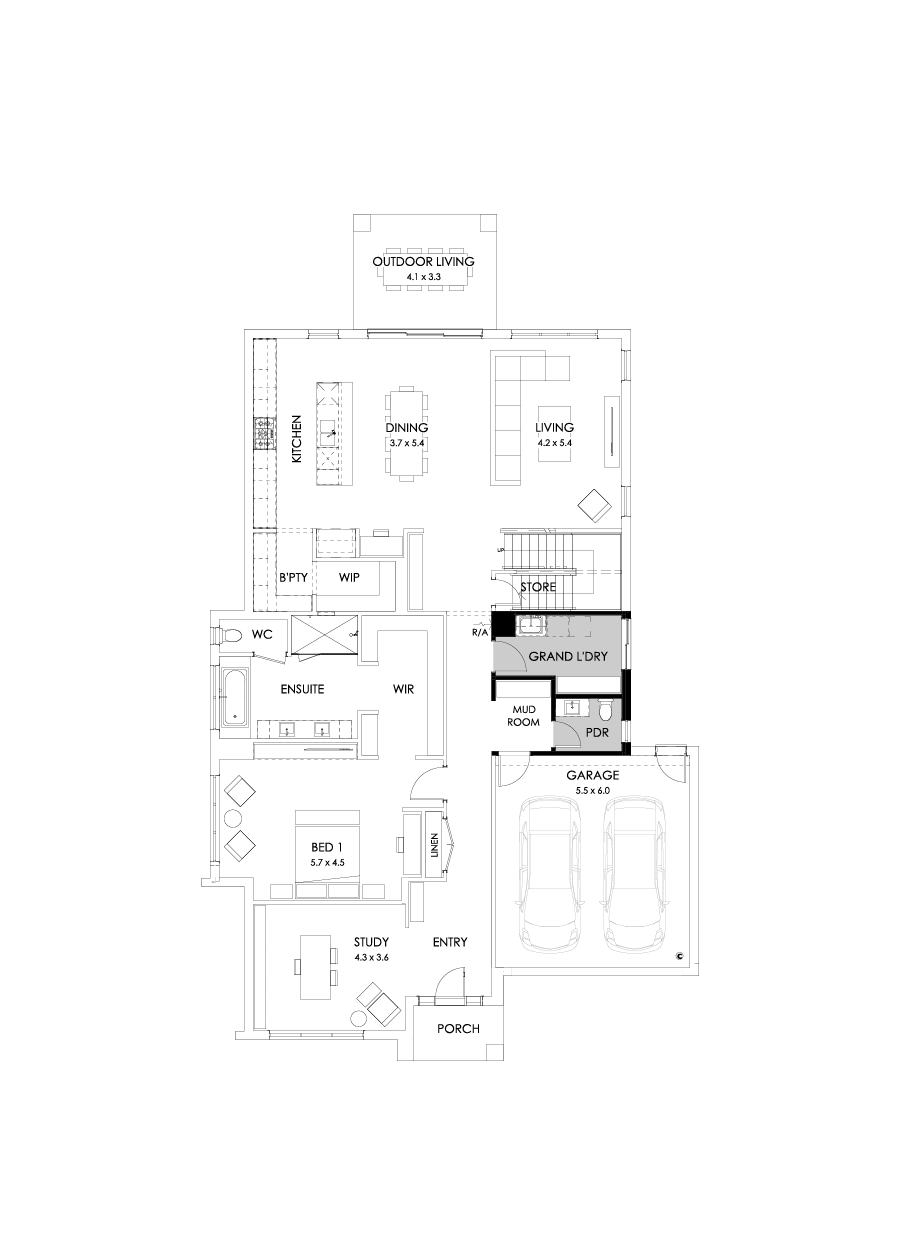 43 Ground Floor Floorplan (Grand laundry - Flipped)
