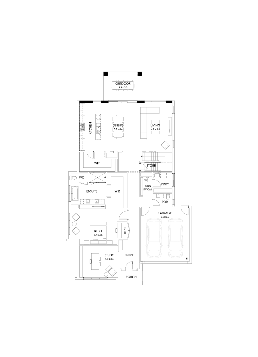 43 Ground Floor Floorplan (Rear balcony - Flipped)