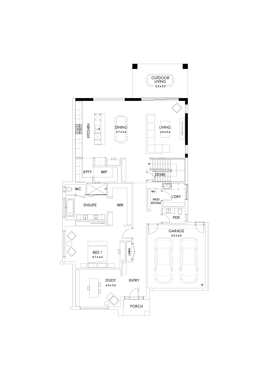 43 Ground Floor Floorplan (Rear balcony - Flipped)