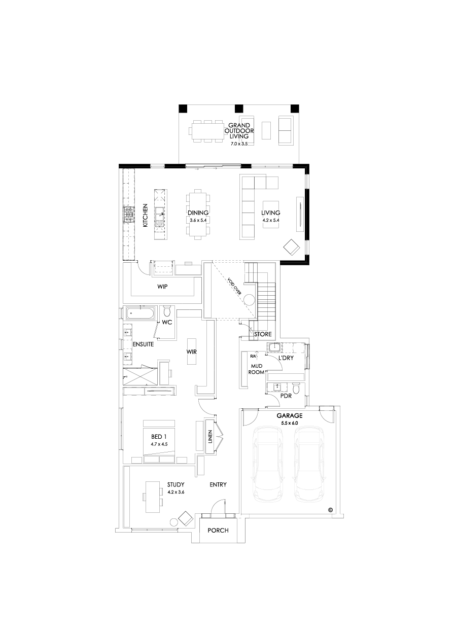 43B Ground Floor Floorplan (Alternate grand outdoor living - Flipped)