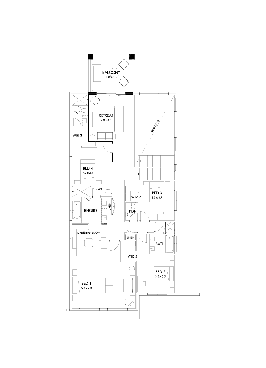 45 First Floor Floorplan (Rear balcony - Flipped)