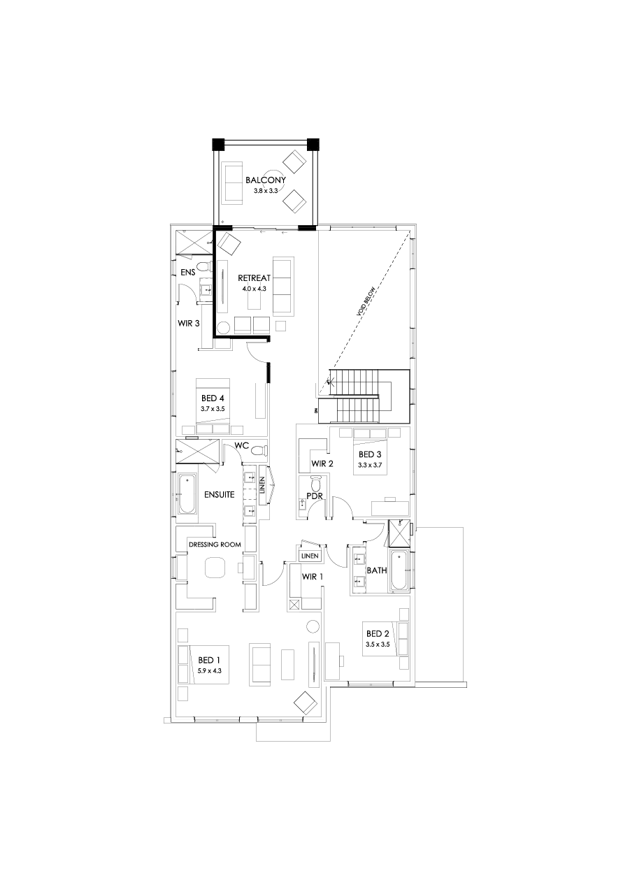 45 First Floor Floorplan (Rear balcony - Flipped)