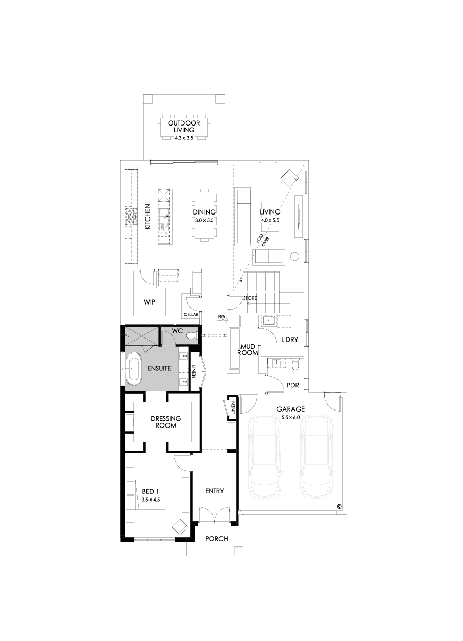 45 Ground Floor Floorplan (Alternate bed 1 - Flipped)