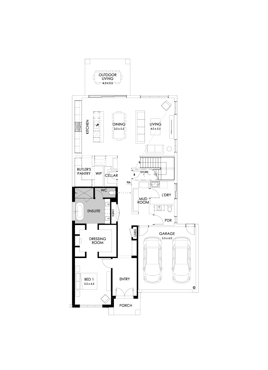 45 Ground Floor Floorplan (Alternate bed 1 - Flipped)