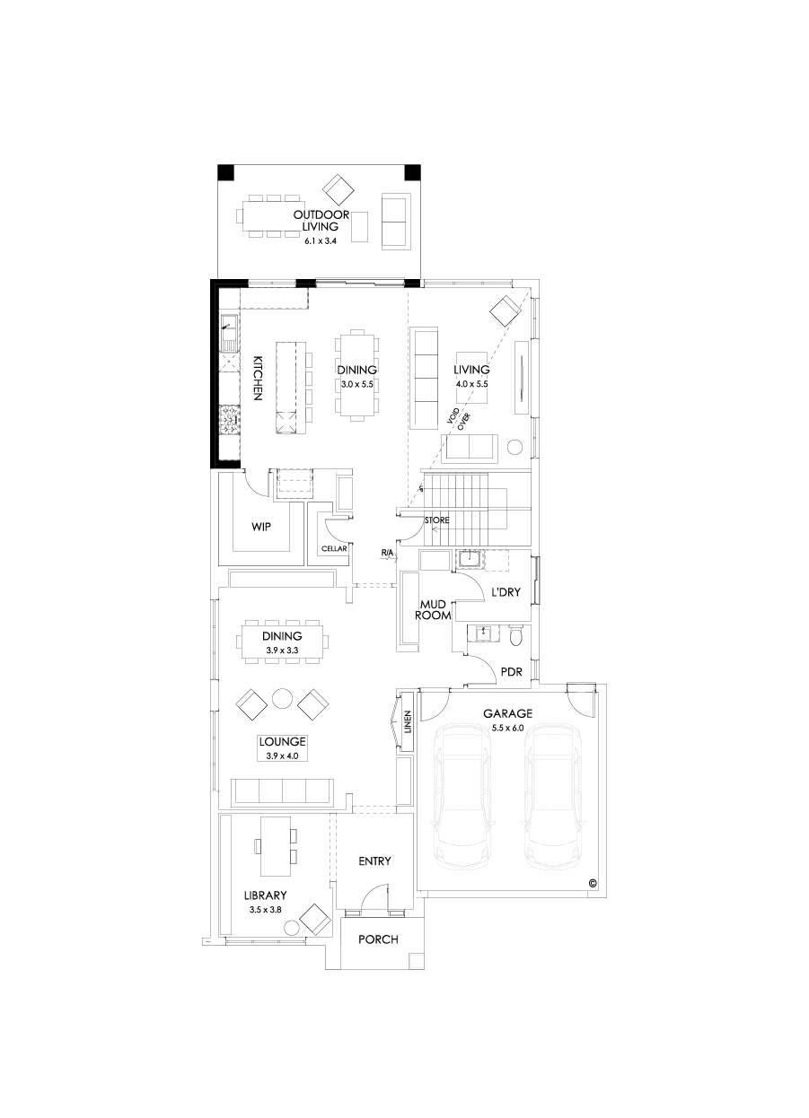 45 Ground Floor Floorplan (Alternate kitchen L-Shape - Flipped)