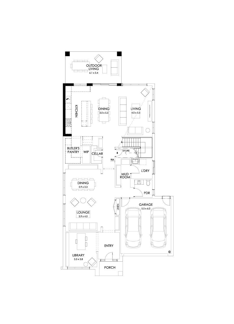 45 Ground Floor Floorplan (Alternate kitchen L-Shape - Flipped)