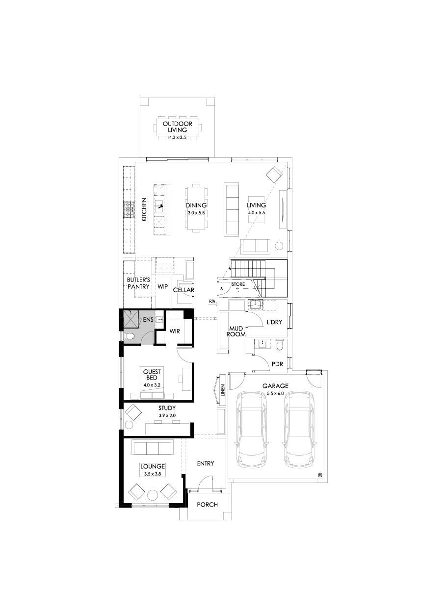 45 Ground Floor Floorplan (Guest bedroom - Flipped)