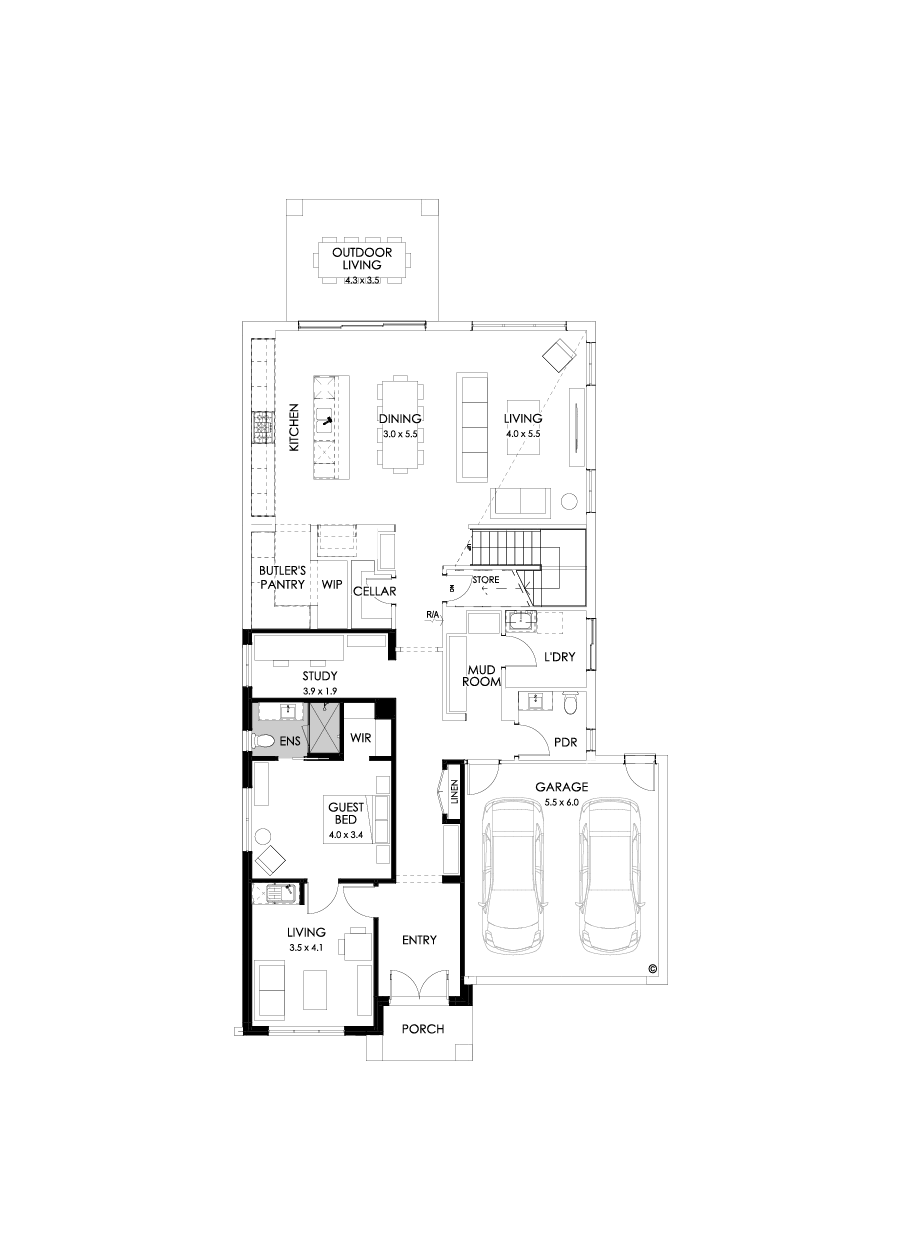 45 Ground Floor Floorplan (Guest wing - Flipped)