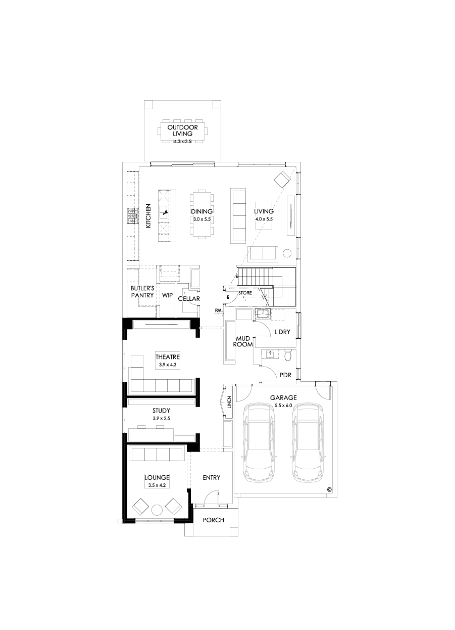45 Ground Floor Floorplan (Theatre - Flipped)