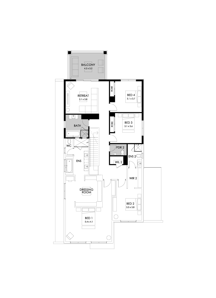 43 First Floor Floorplan (Rear balcony - Flipped)