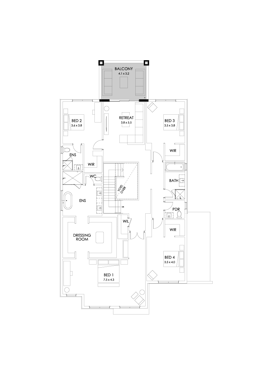 48 First Floor Floorplan (Rear balcony - Flipped)