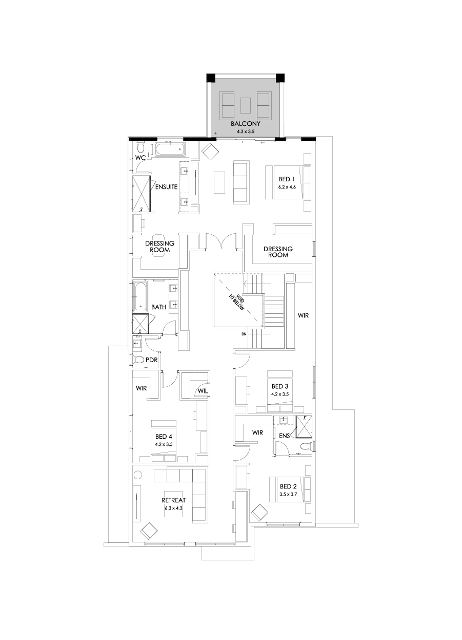 55 First Floor Floorplan (Rear balcony - Flipped)