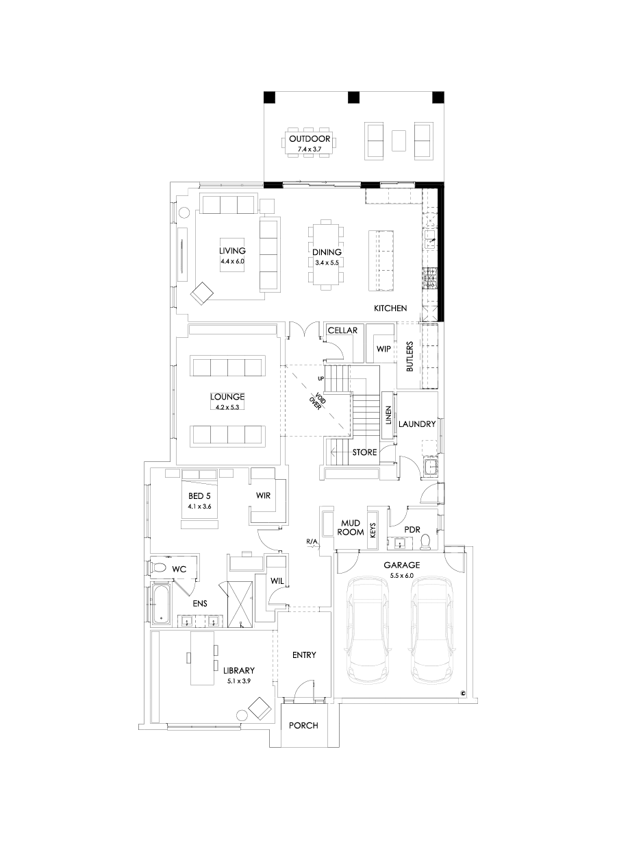 55 Ground Floor Floorplan (Alternate kitchen L-shape - Flipped)