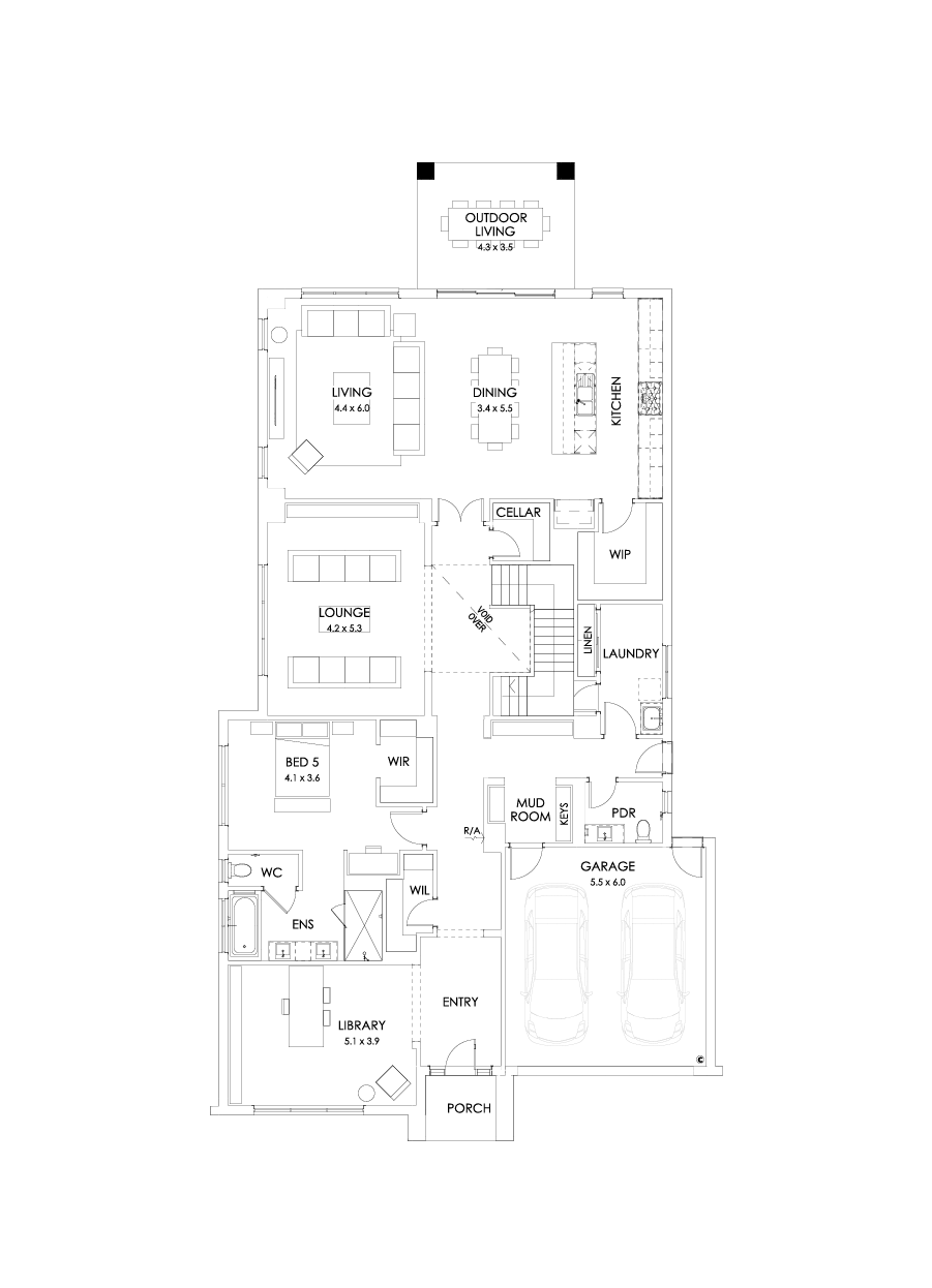 55 Ground Floor Floorplan (Rear balcony - Flipped)